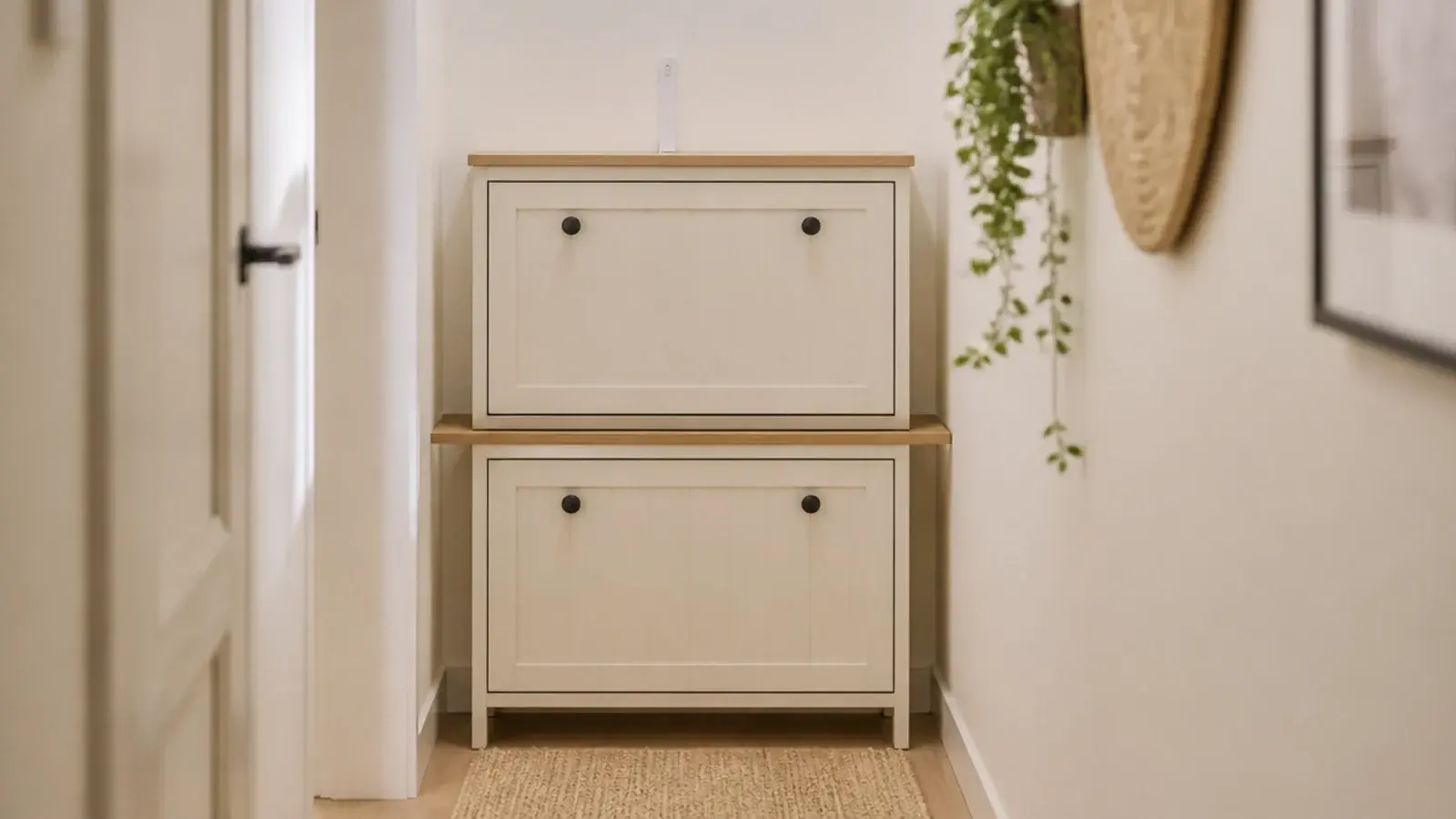 two shallow shoe cabinets stacked to double capacity in a narrow hall