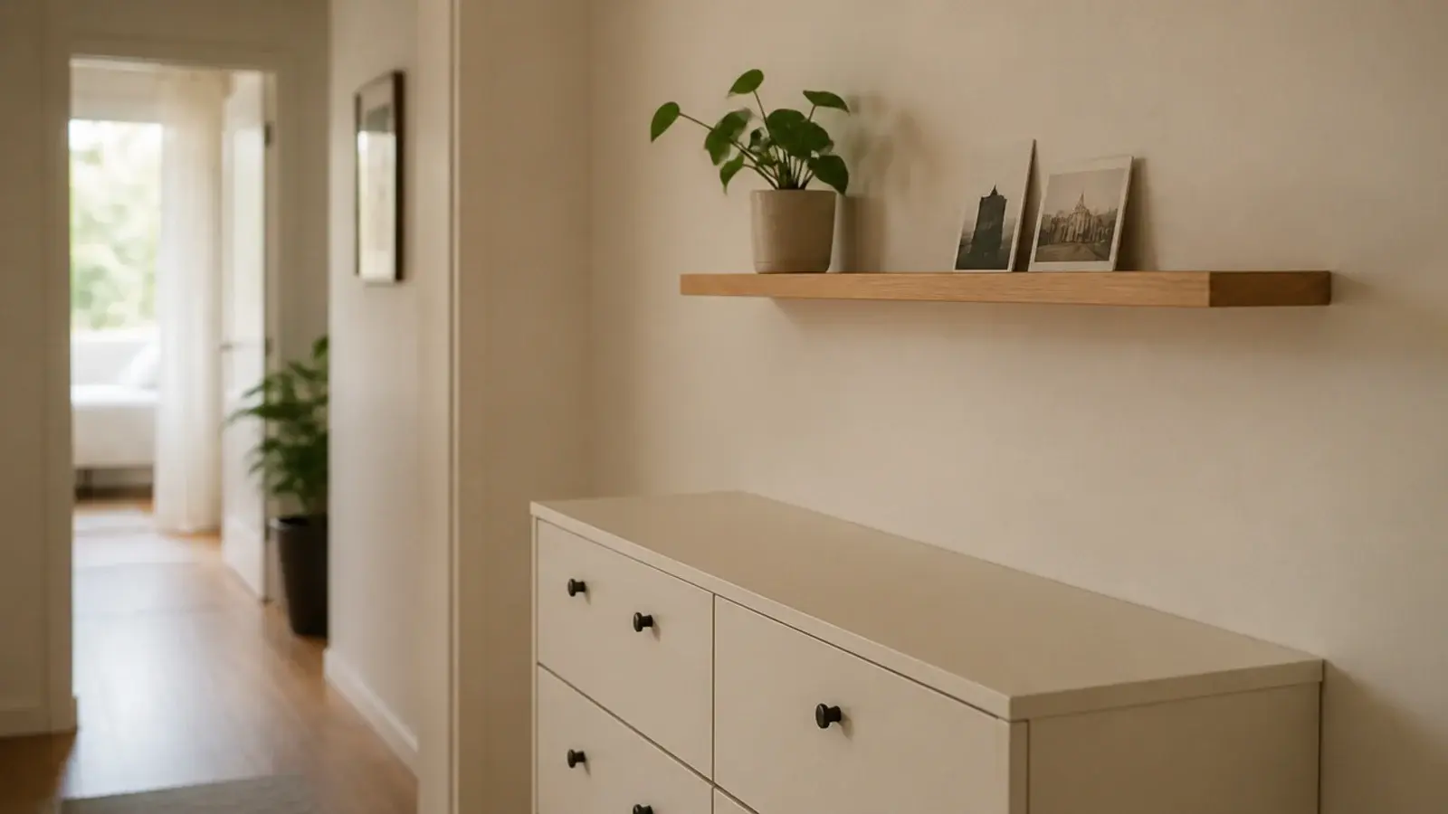 shallow shoe cabinet with a narrow display shelf mounted above it