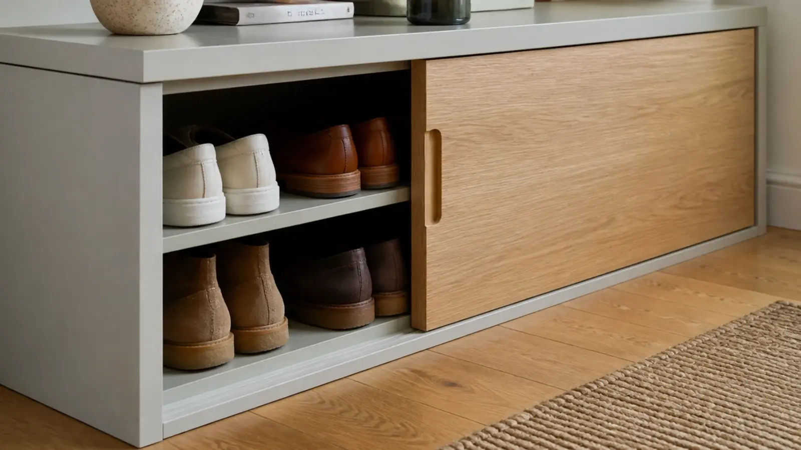 sliding front panel on a low shoe cabinet in a tight entry hall