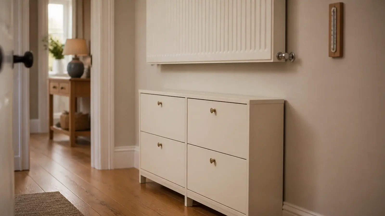 low shoe cabinet placed under a wall radiator with clear air above