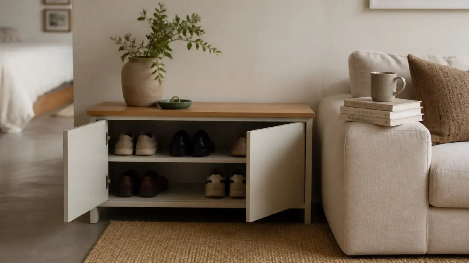 bench height shoe cabinet used as a side table beside a studio sofa