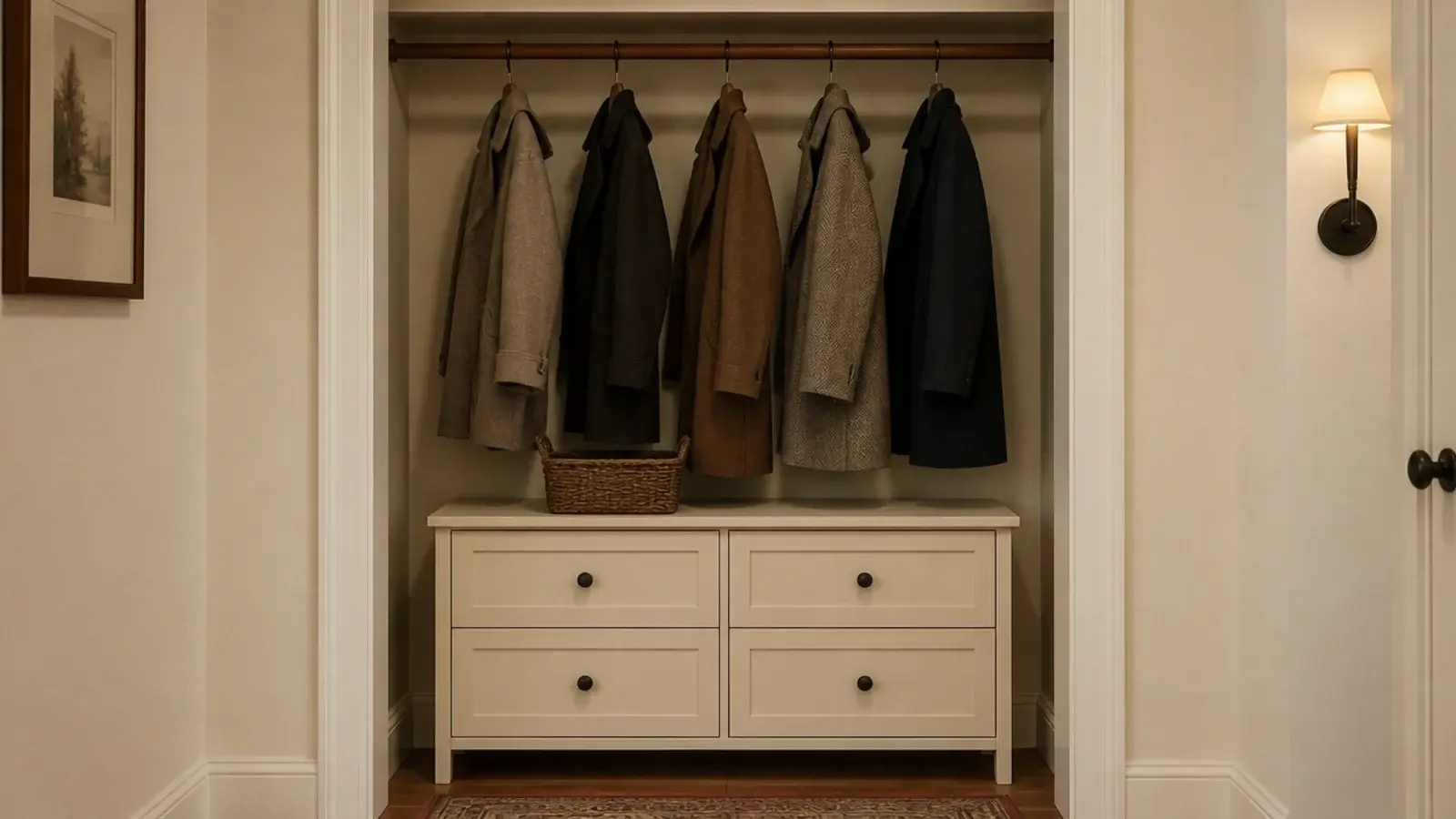 shallow shoe cabinet standing on the floor of a small coat closet