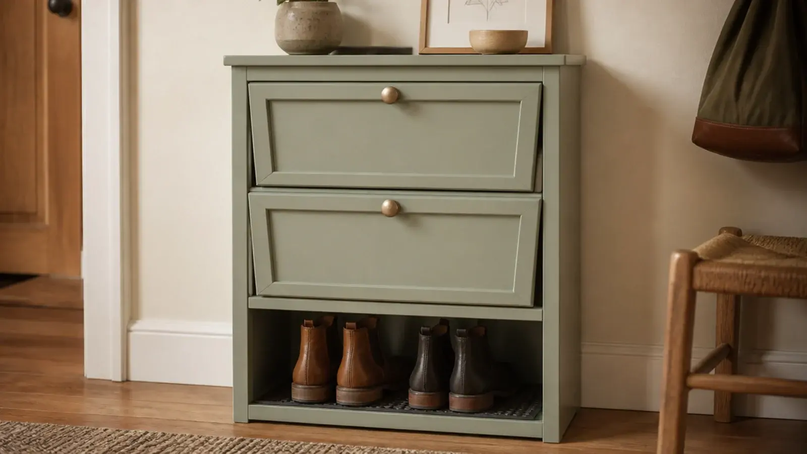 small shoe cabinet with an open boot bay beneath two tilt out drawers