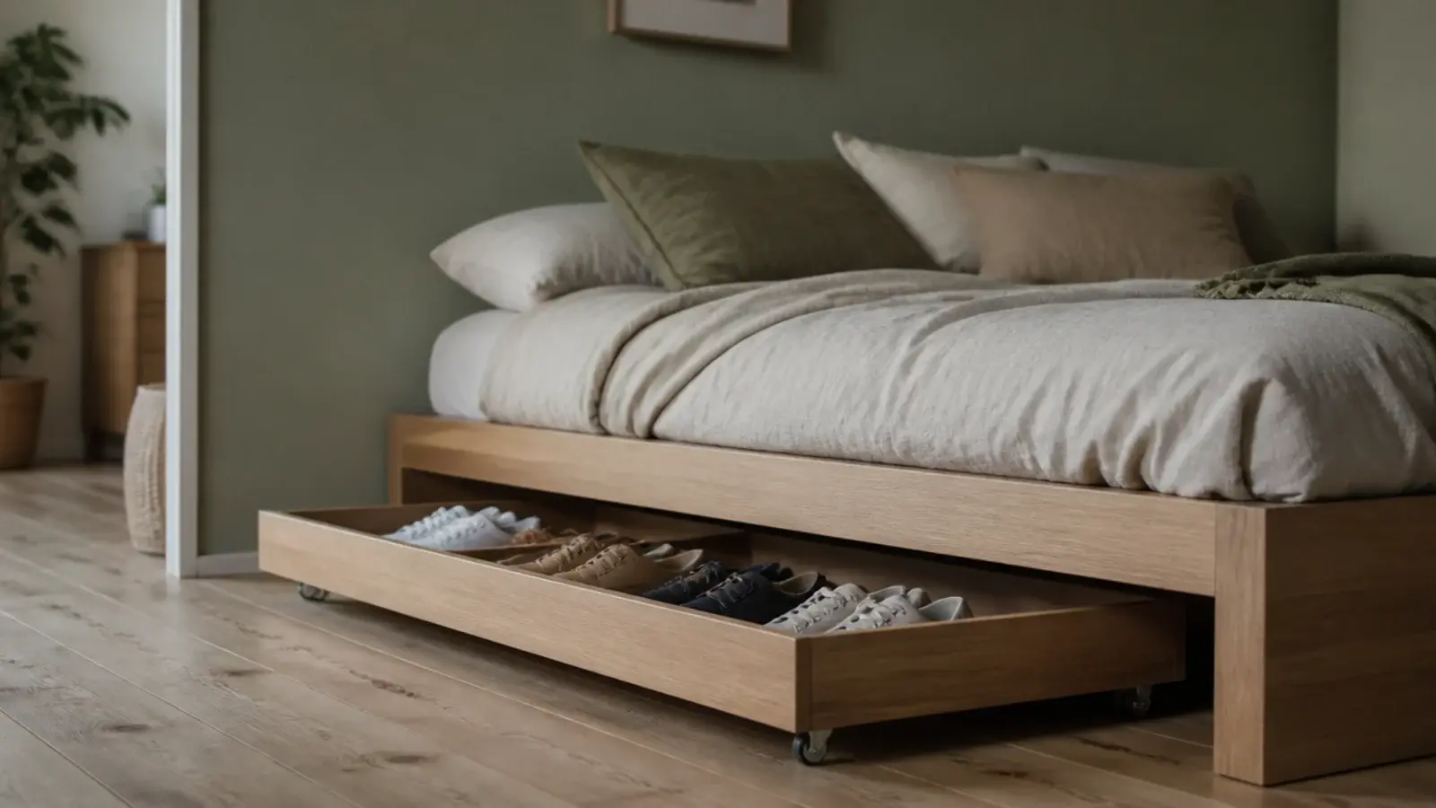 low rolling shoe cabinet drawer pulled out from beneath a bed frame