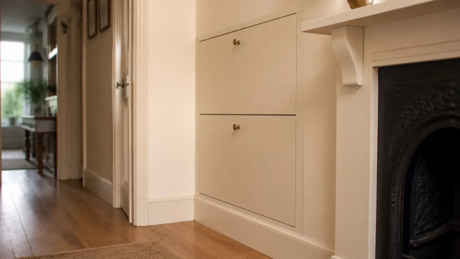 shoe cabinet built flush into a shallow hallway alcove beside a chimney