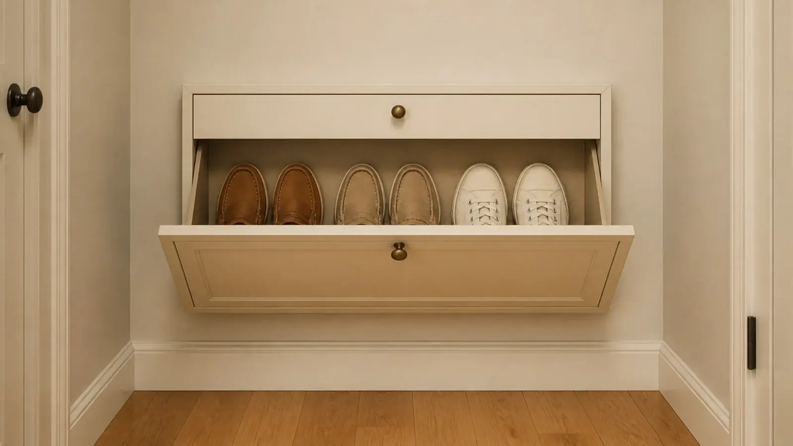 very shallow six inch shoe cabinet holding flat shoes in a tight hall