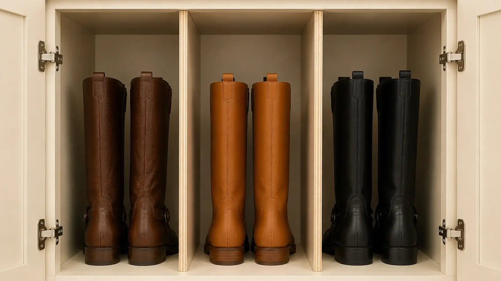 tall shoe cabinet compartment with vertical dividers holding boots upright