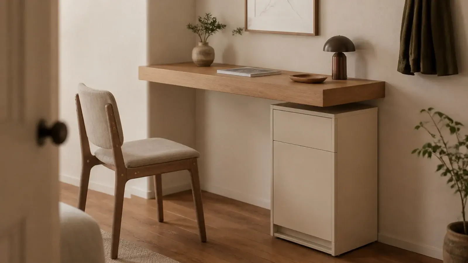slim shoe cabinet tucked beneath a floating desk in a studio flat