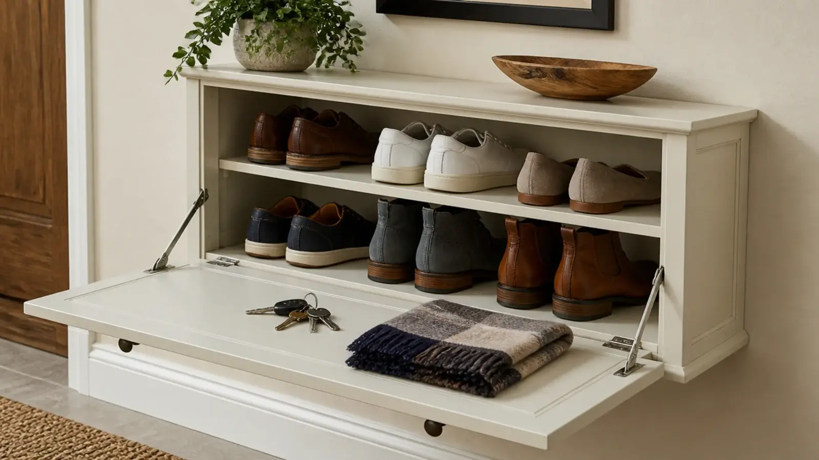 fold down cabinet front resting flat and used as a temporary shelf