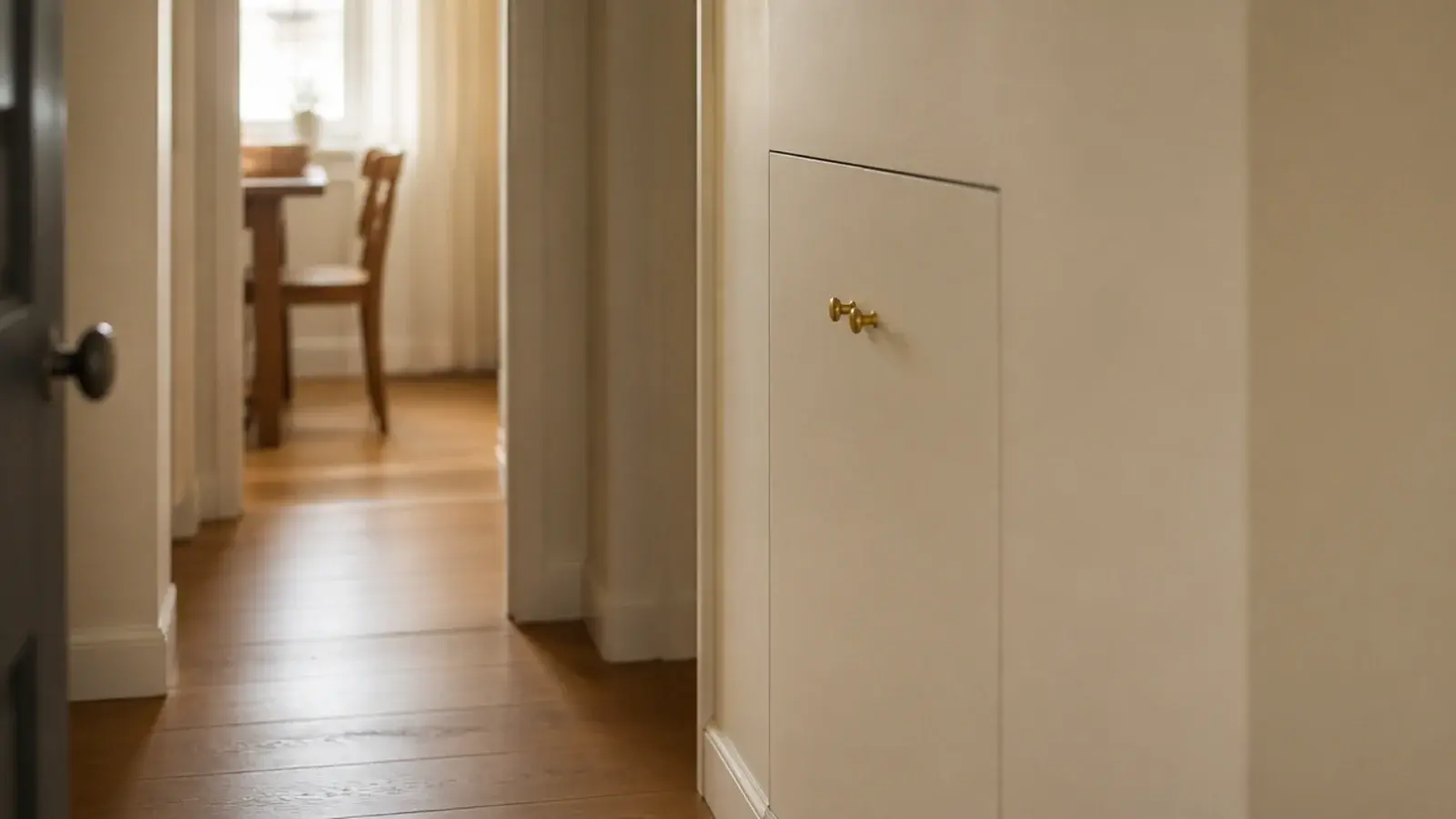 shoe cabinet painted the exact wall color vanishing into a small hall
