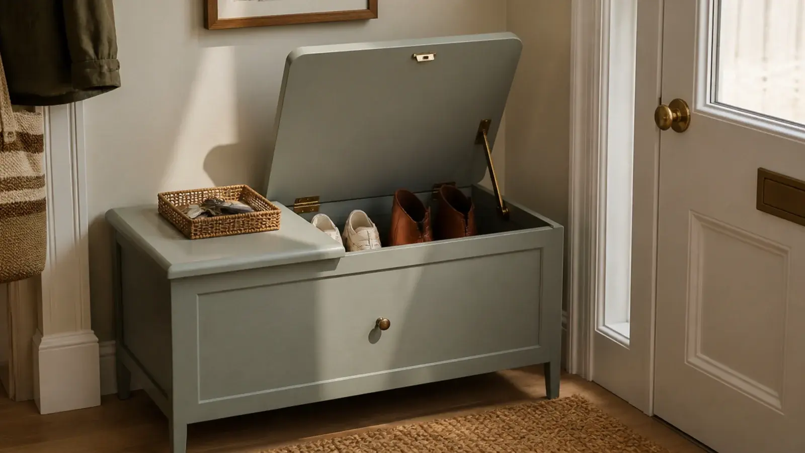 small lift lid shoe cabinet acting as the drop zone by a front door