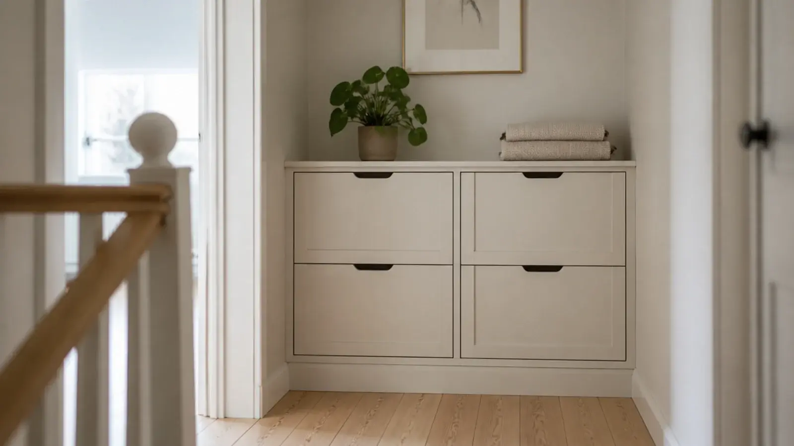 shallow shoe cabinet fitted along a small upstairs landing wall