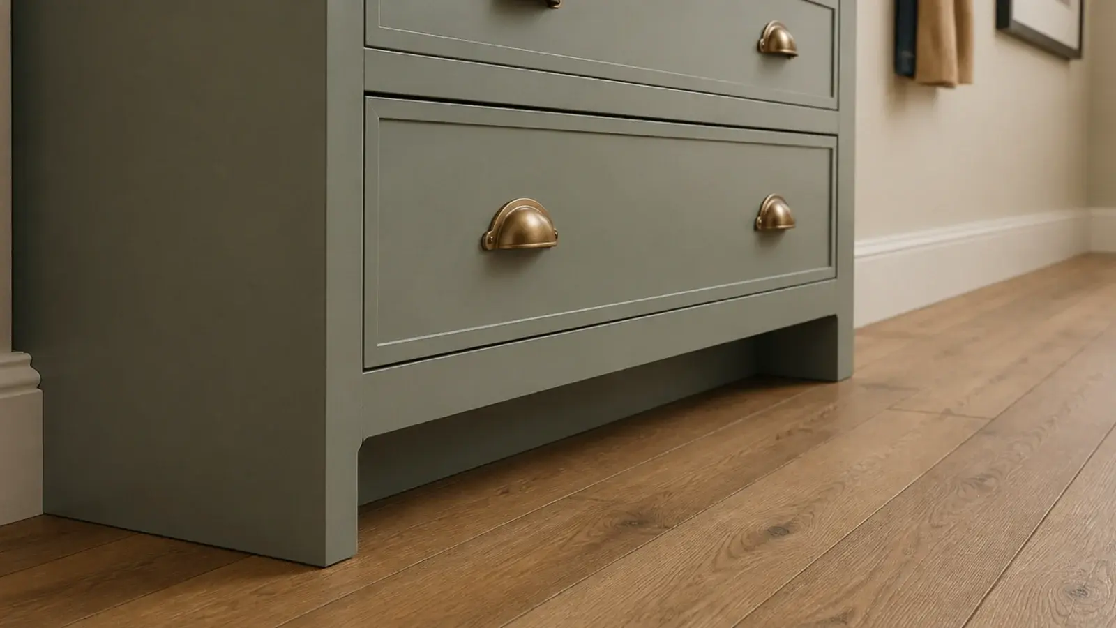 recessed toe kick beneath a hallway shoe cabinet giving toe clearance