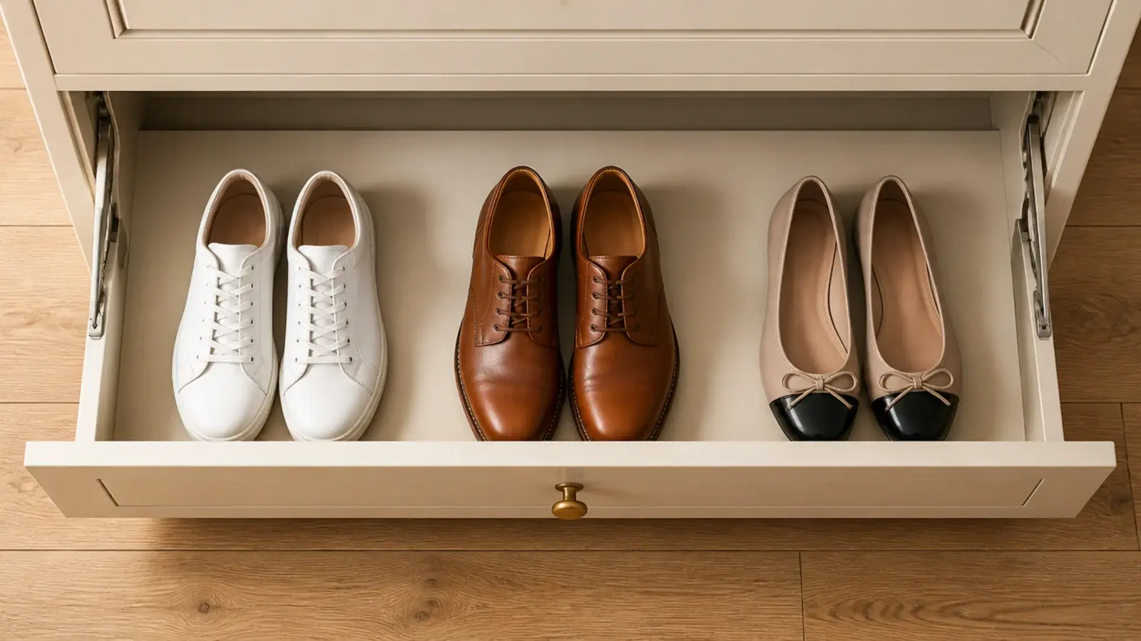 small shoe cabinet drawer holding two neat pairs for each household member