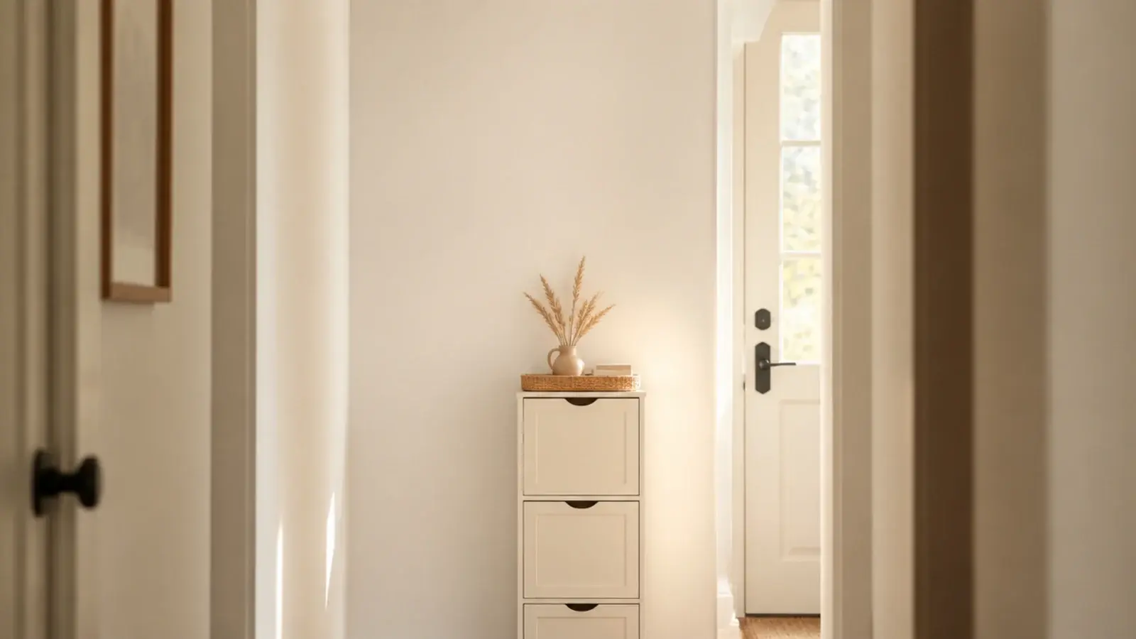 vertical narrow hallway with a slim shoe cabinet for small spaces