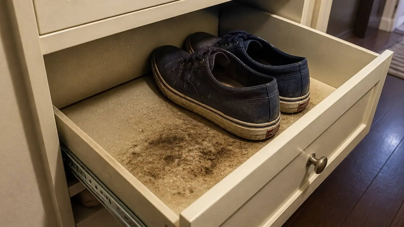condensation and dark damp marks inside a closed shoe cabinet drawer