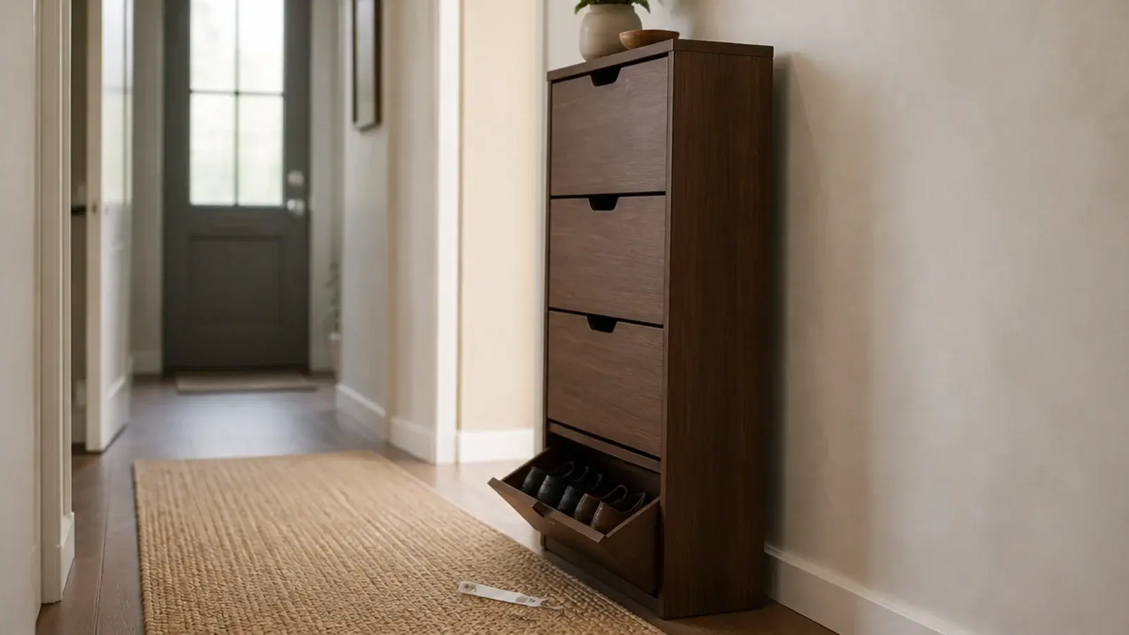 tall shoe cabinet leaning slightly forward with a loose anti tip strap