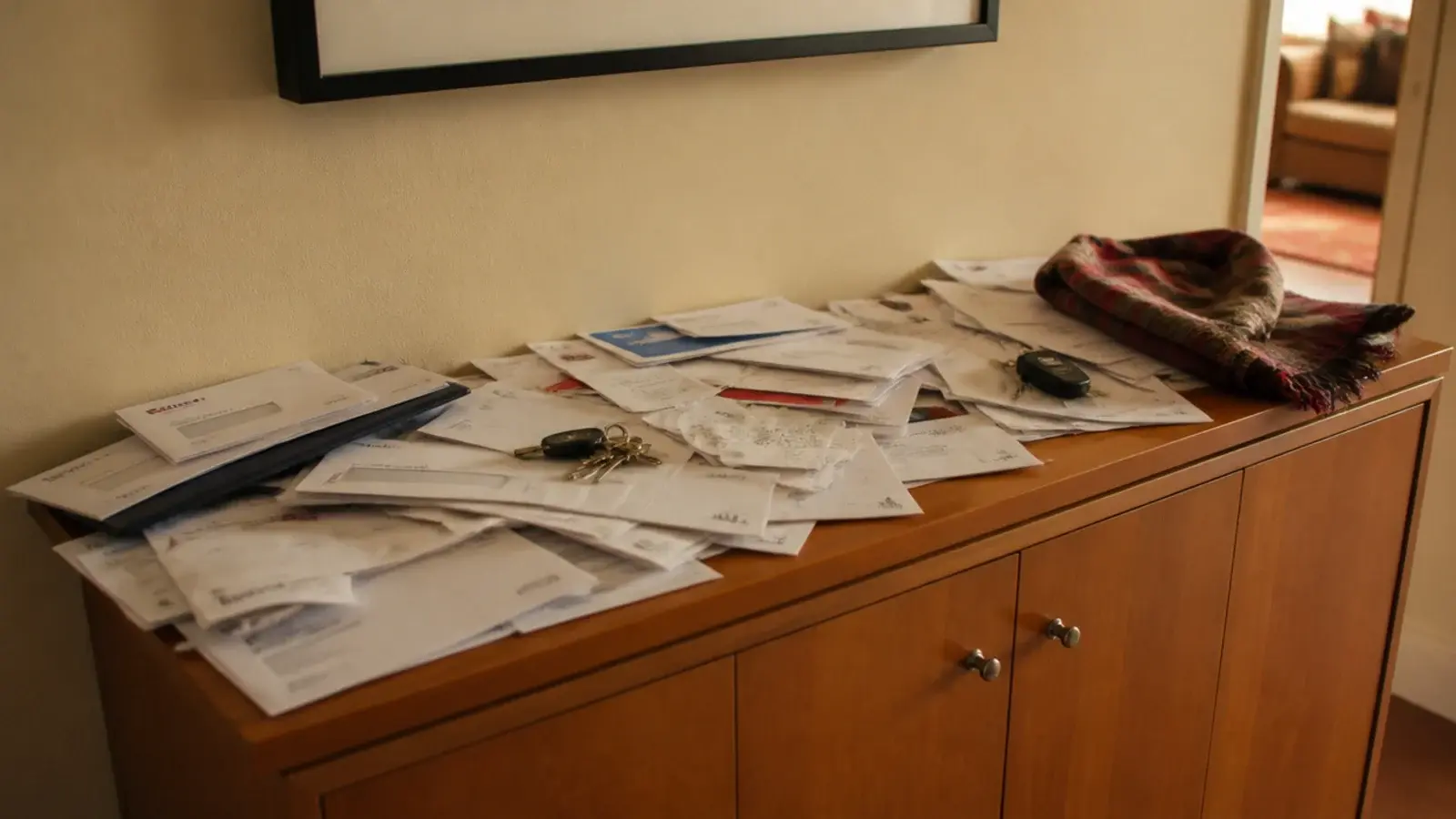 cluttered shoe cabinet top buried under mail keys and loose receipts