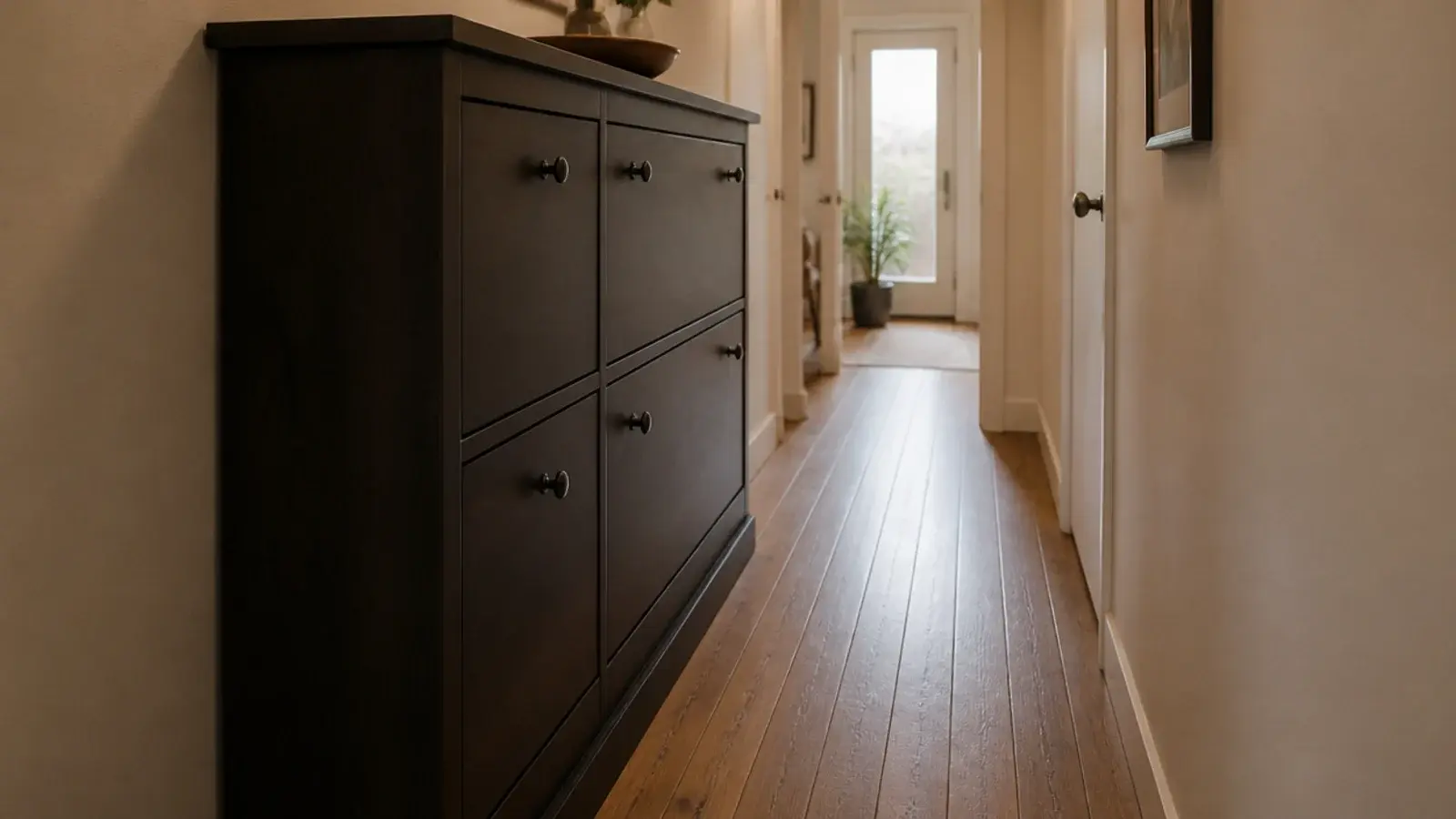 dark contrasting shoe cabinet visually narrowing a small cream hallway