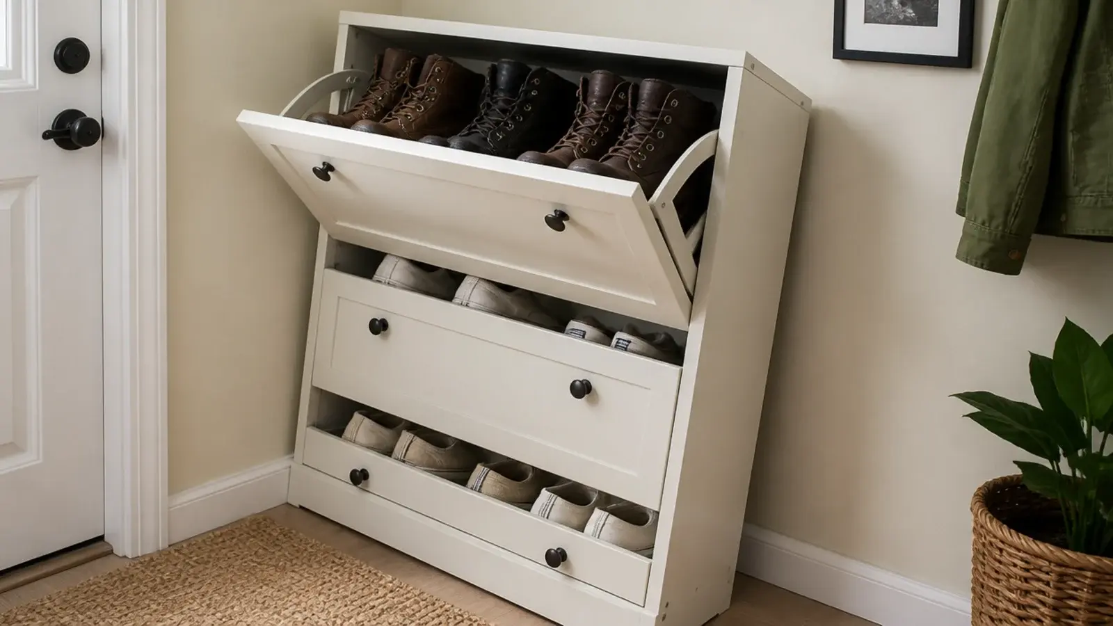 heavy walking boots stored in the highest drawer of a shoe cabinet