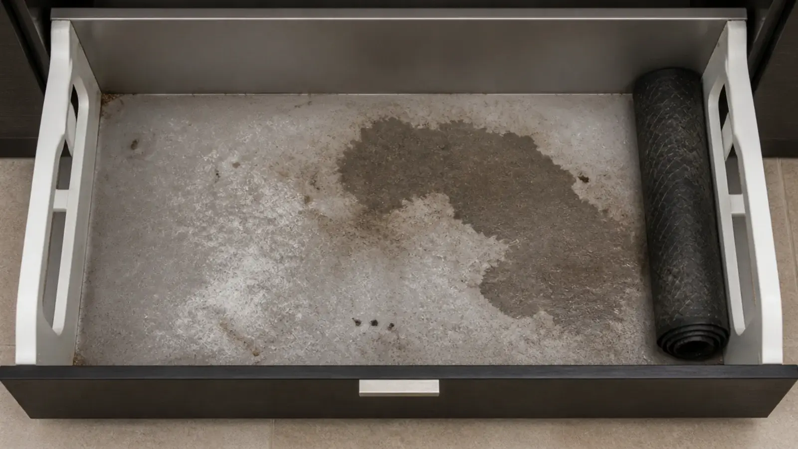 grit and road salt collected in the base of an open shoe cabinet drawer