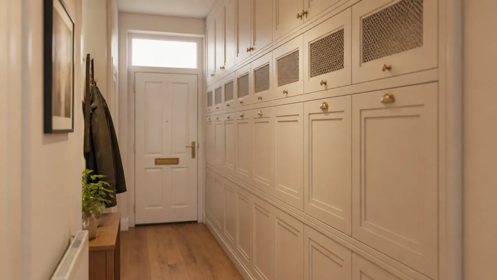 oversized shoe cabinet run dominating a small entryway wall
