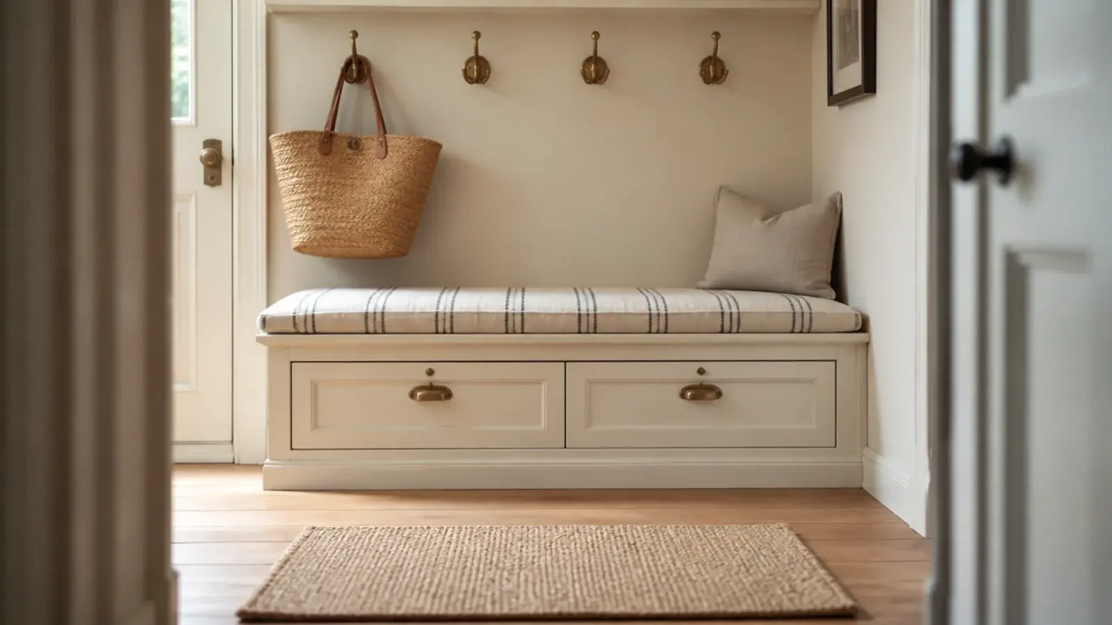 bench height shoe cabinet with a cushion in a wider small entryway