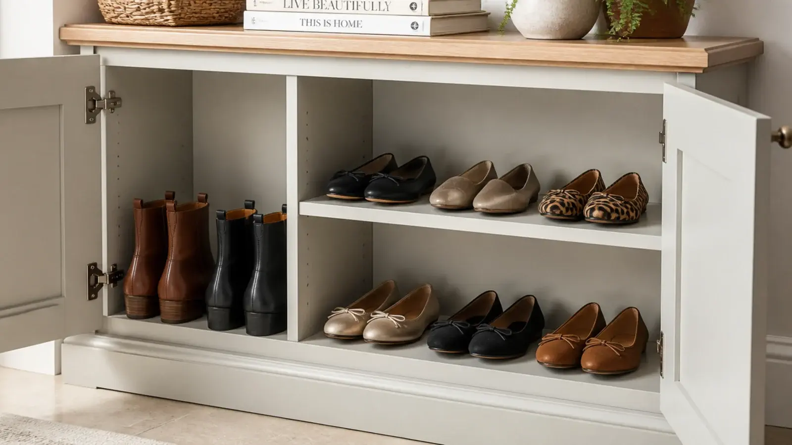 tall bay at one end of a shoe cabinet holding two pairs of boots