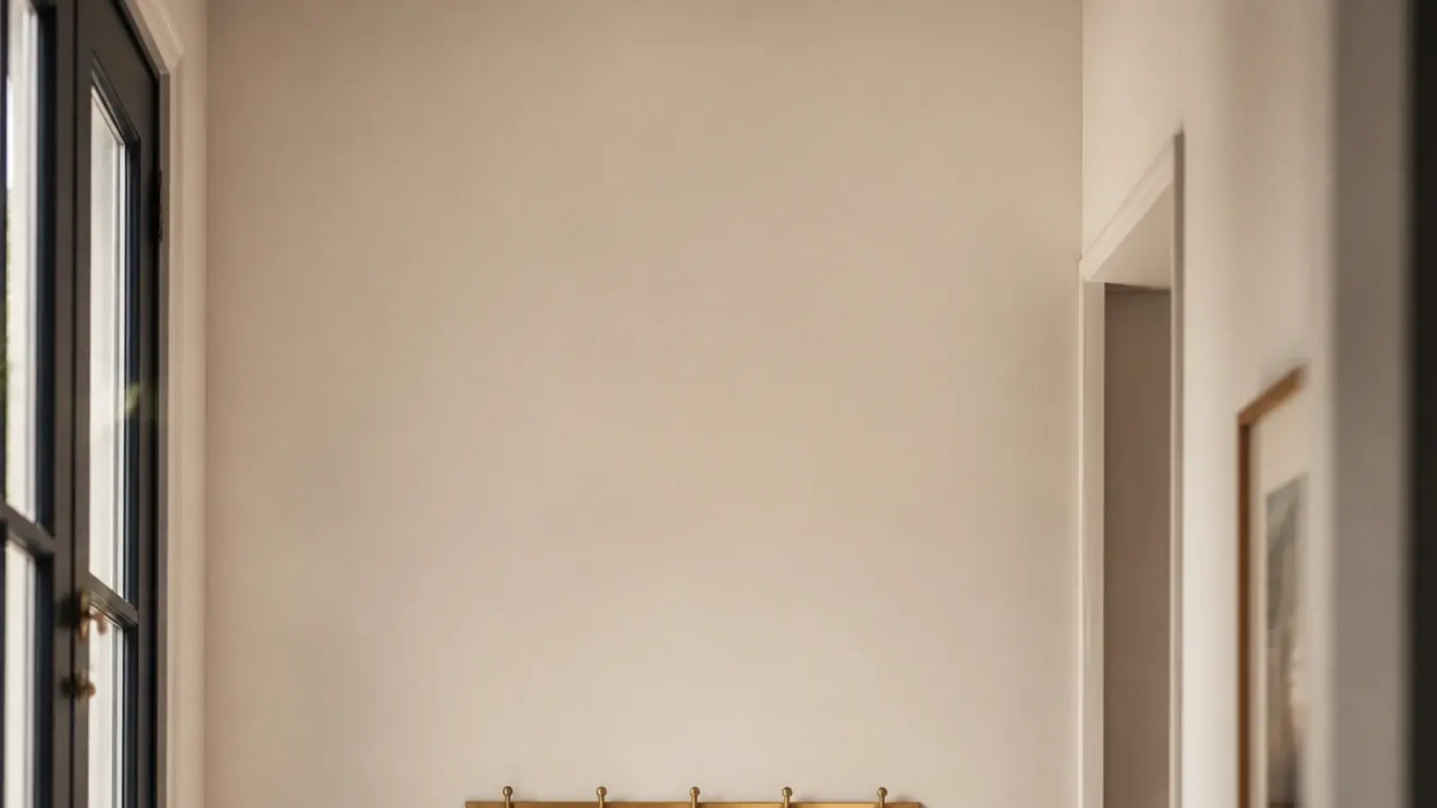 vertical view of a small entryway shoe cabinet with hooks and a jute mat