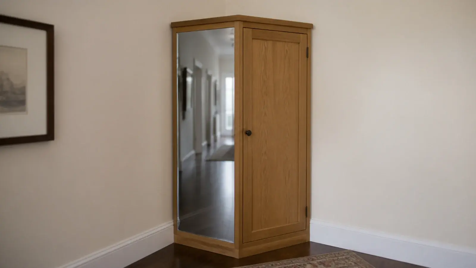 mirrored side panel on a corner shoe cabinet reflecting a hallway turn