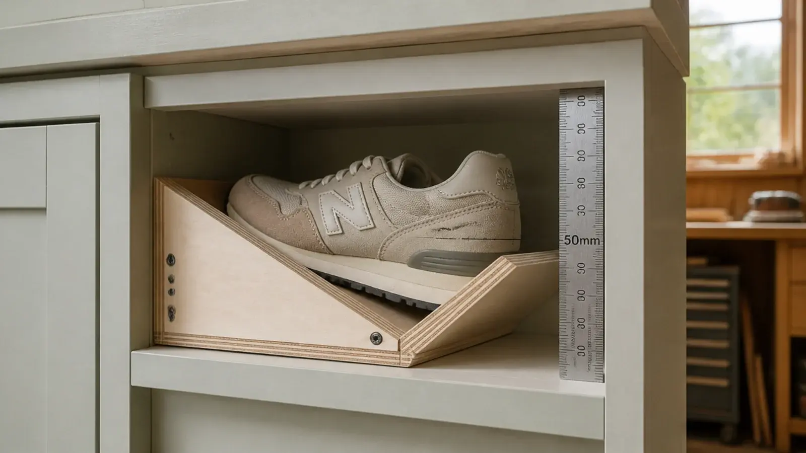 sneaker angled against a shallow cabinet cross section showing tilt out depth