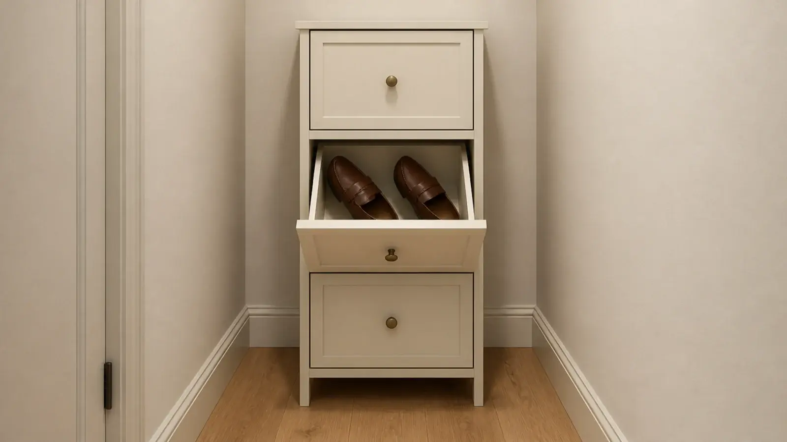 shallow tilt out shoe cabinet with a drawer open showing angled loafers