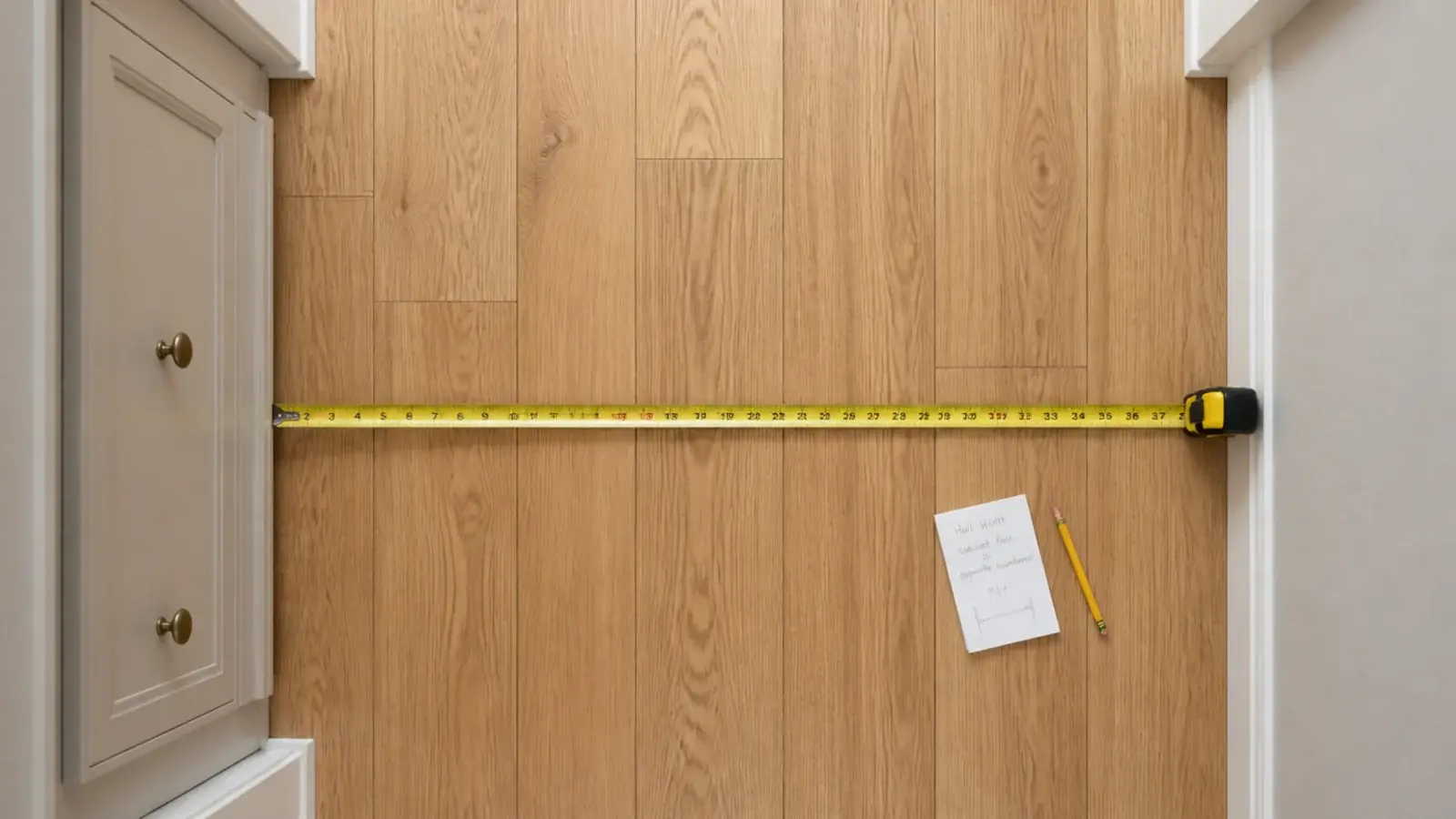 tape measure across a narrow hallway showing clearance beside a shoe cabinet