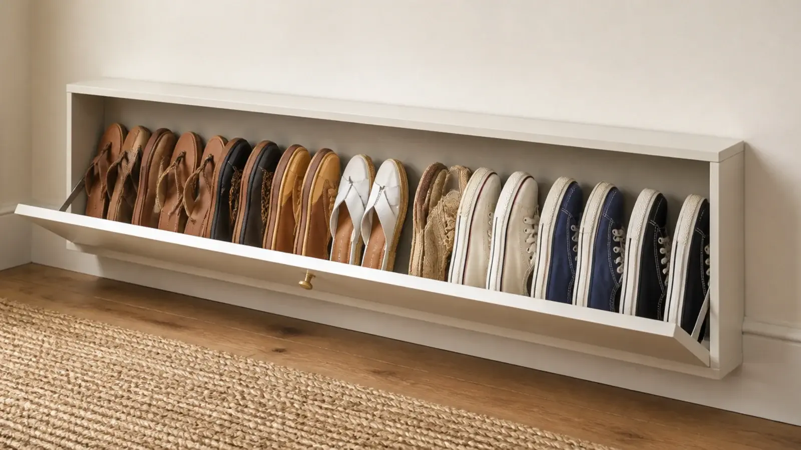 very shallow six inch shoe cabinet holding flat sandals and canvas shoes