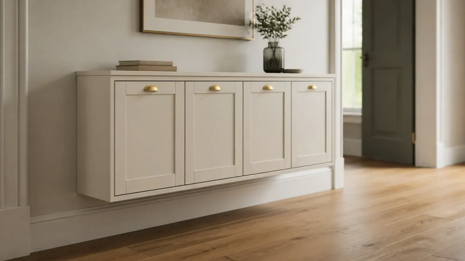 wall mounted slim shoe cabinet floating above a clear hallway floor