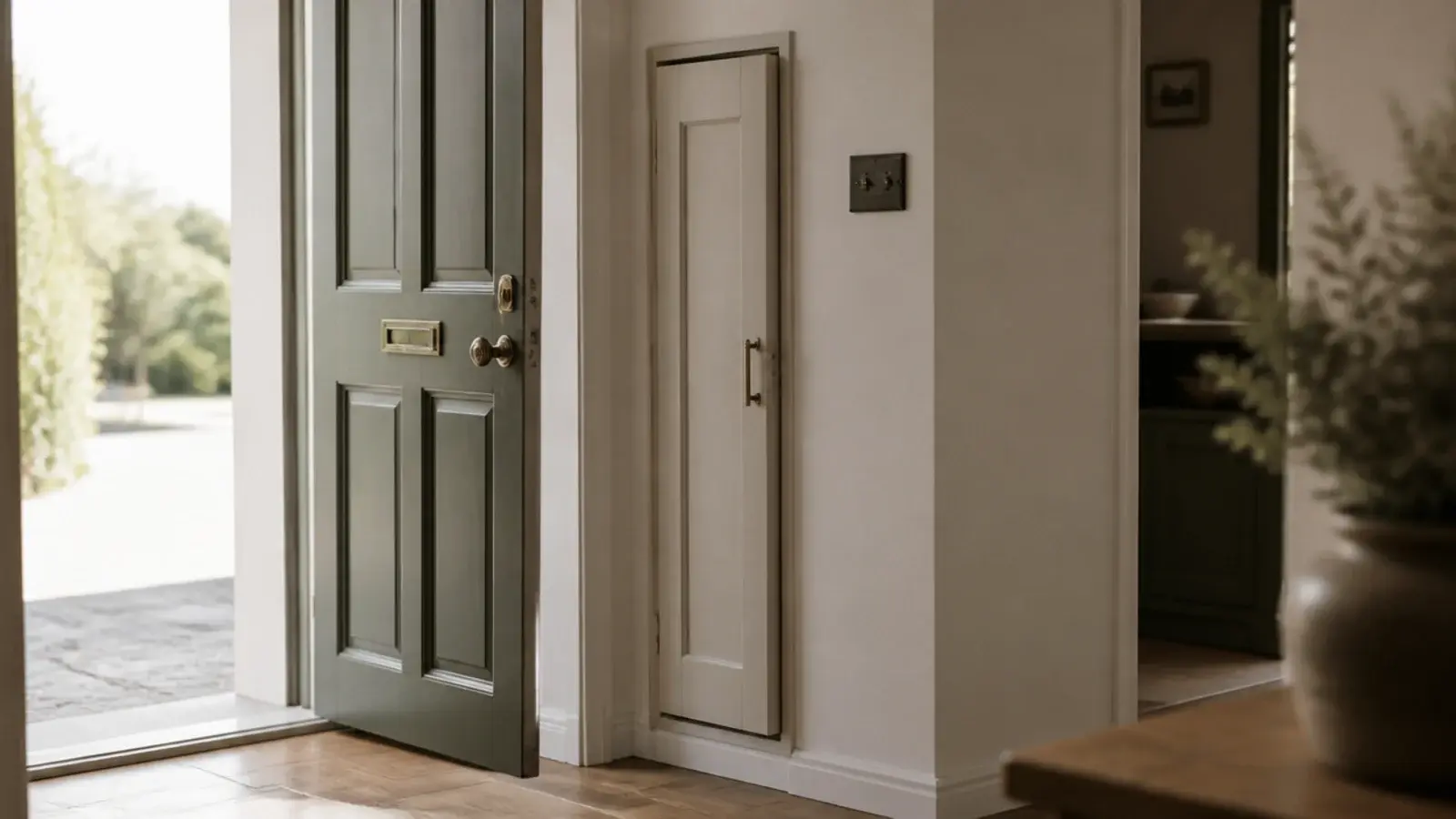 slim cabinet tucked into the wall space behind an open entry door