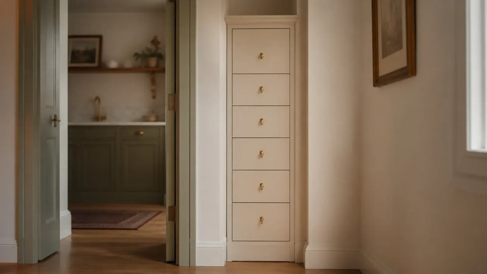 narrow tall shoe cabinet tower filling the strip beside a doorframe