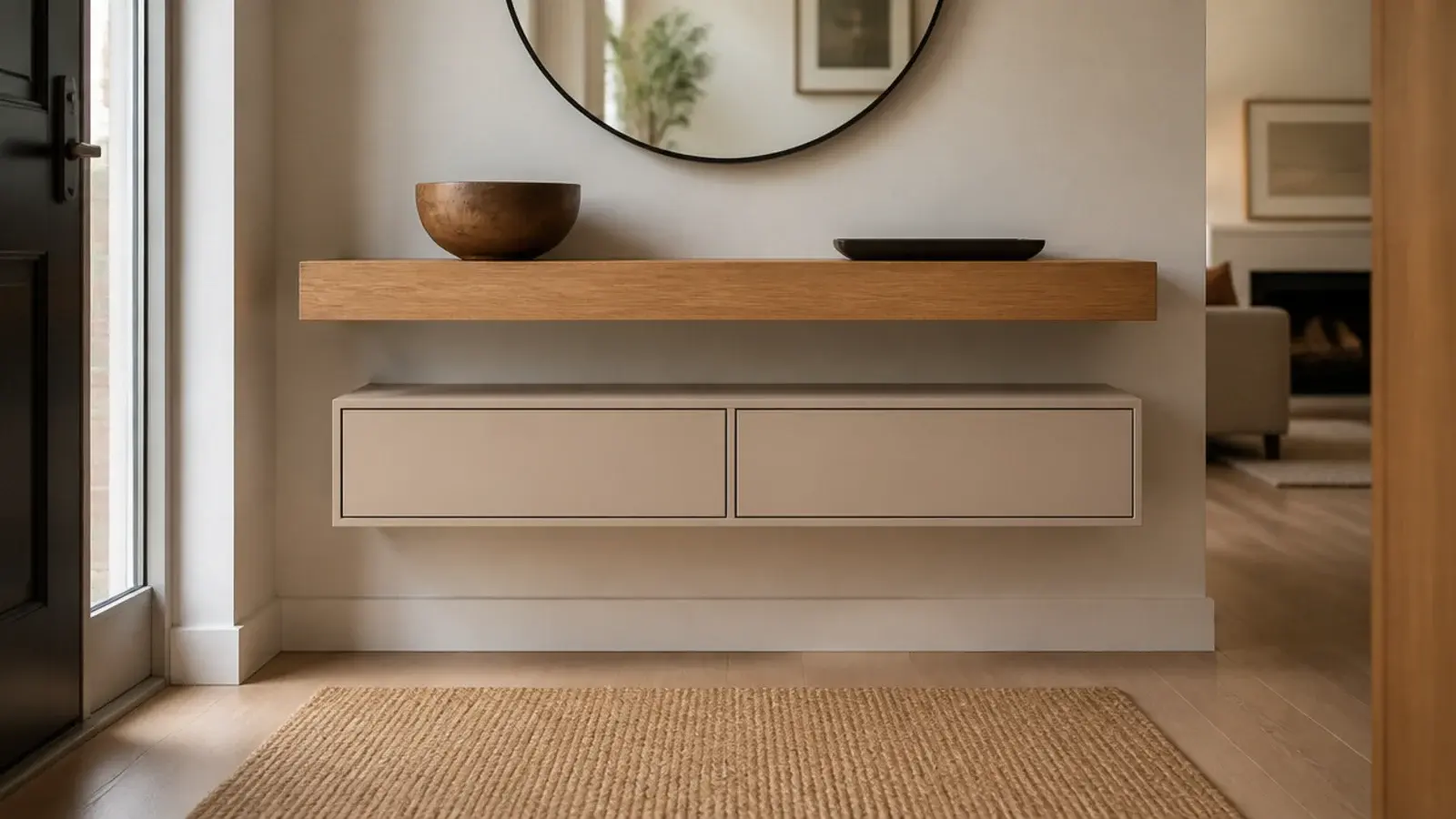 slim shoe cabinet slotted beneath a wall mounted oak console shelf