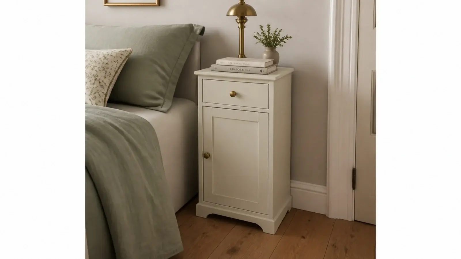 shallow shoe cabinet used as a bedside table with a lamp on top