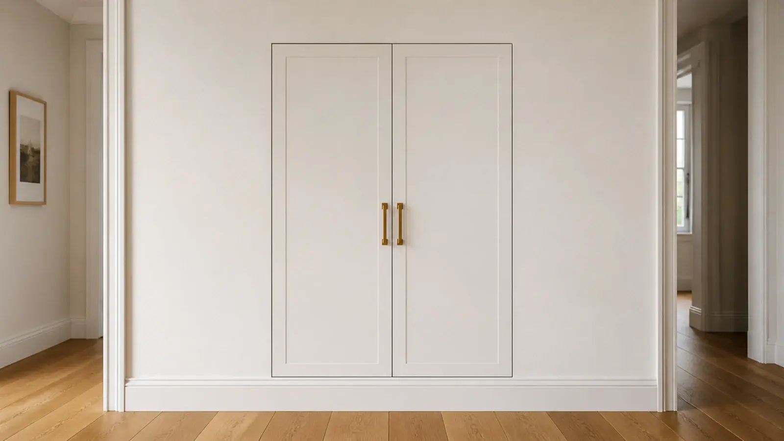 shoe cabinet recessed flush into a hallway wall between two studs