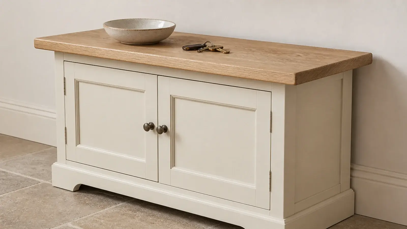 slim shoe cabinet with an oak top overhanging the shallow doors below