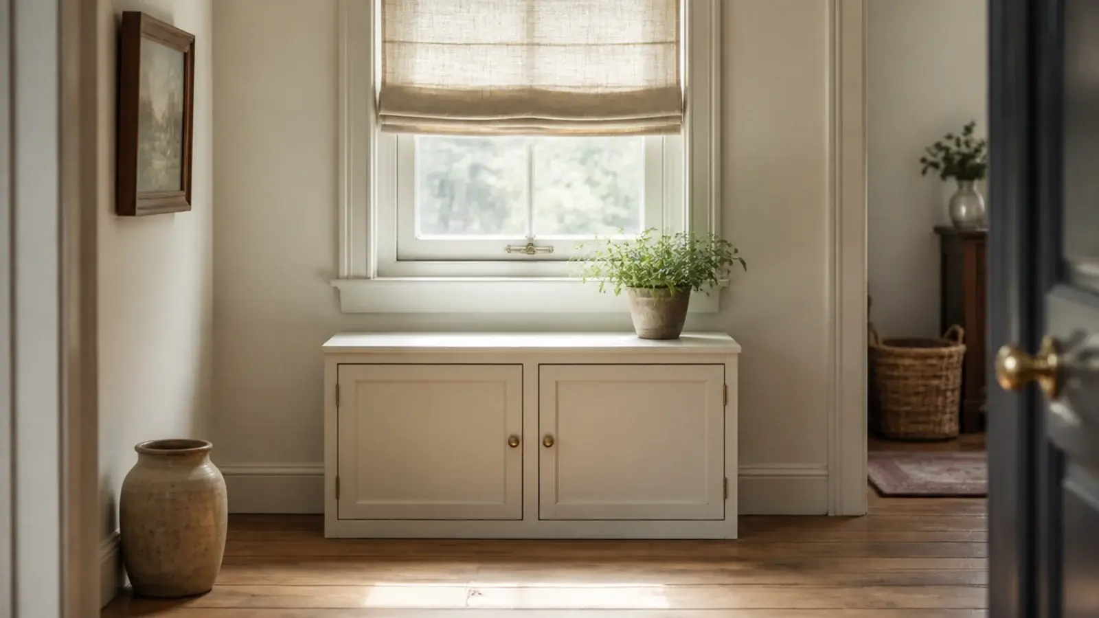 shallow shoe cabinet sitting below a hallway window sill and light