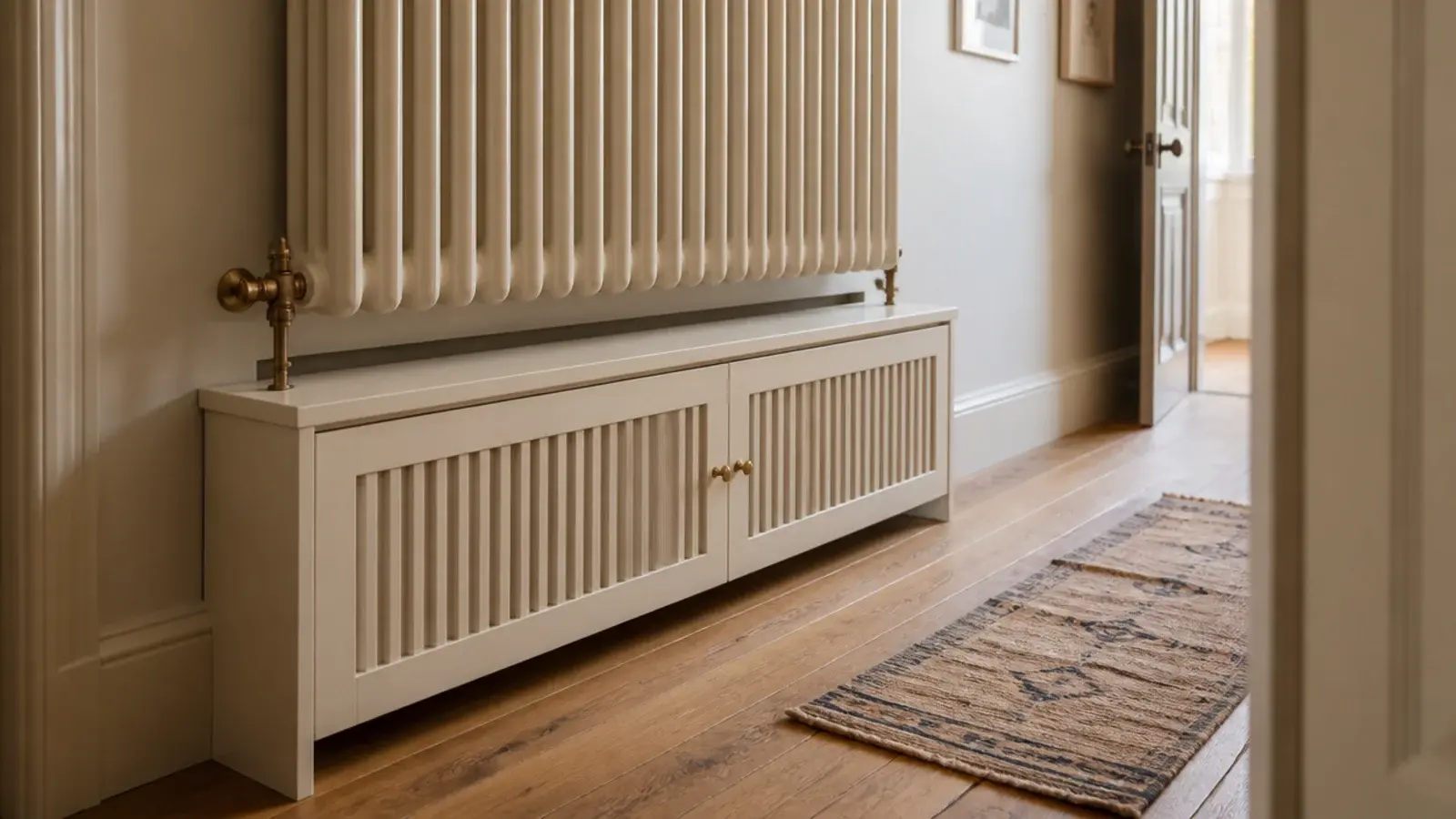 shallow shoe cabinet fitted into the depth beneath a hallway radiator