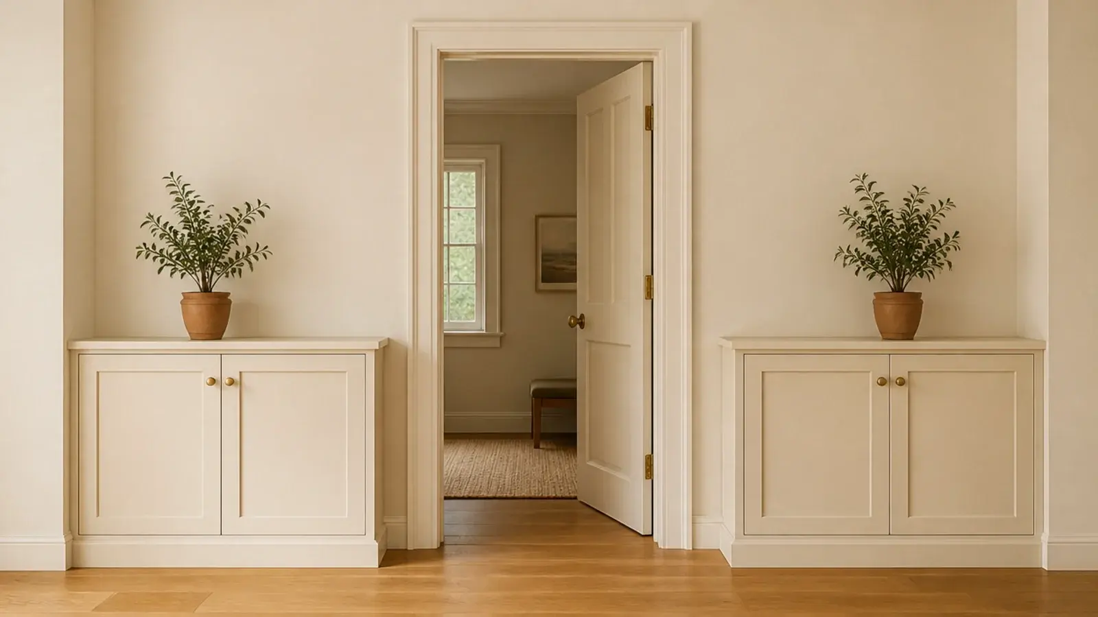 matching slim shoe cabinets placed either side of an interior doorway