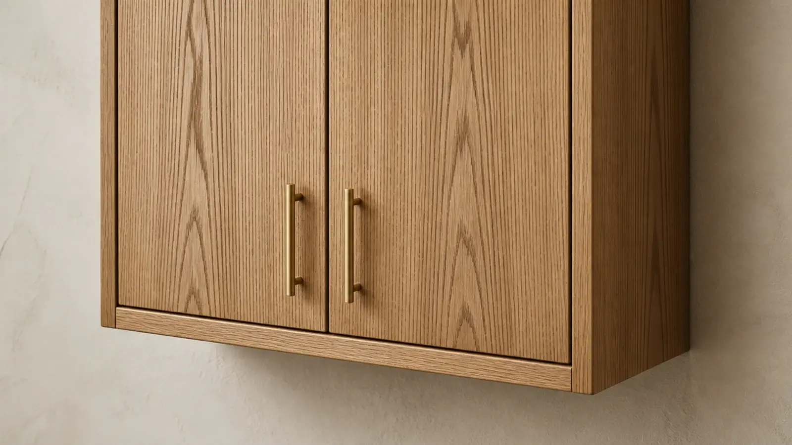 slim shoe cabinet with vertical oak grain running up the door fronts