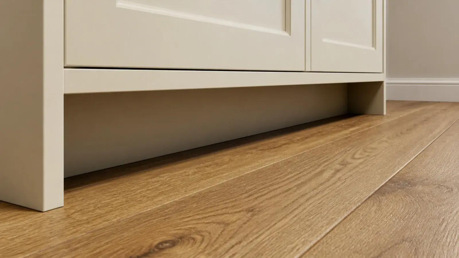 open toe kick gap beneath a slim shoe cabinet on a wooden hall floor