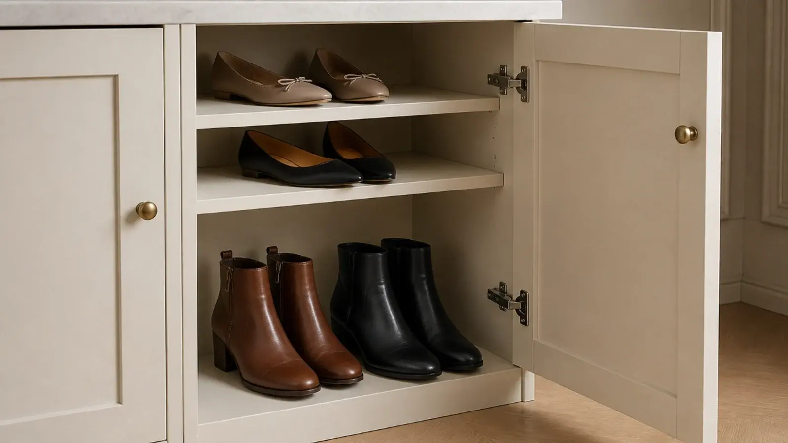tall bottom bay in a slim shoe cabinet holding two pairs of ankle boots