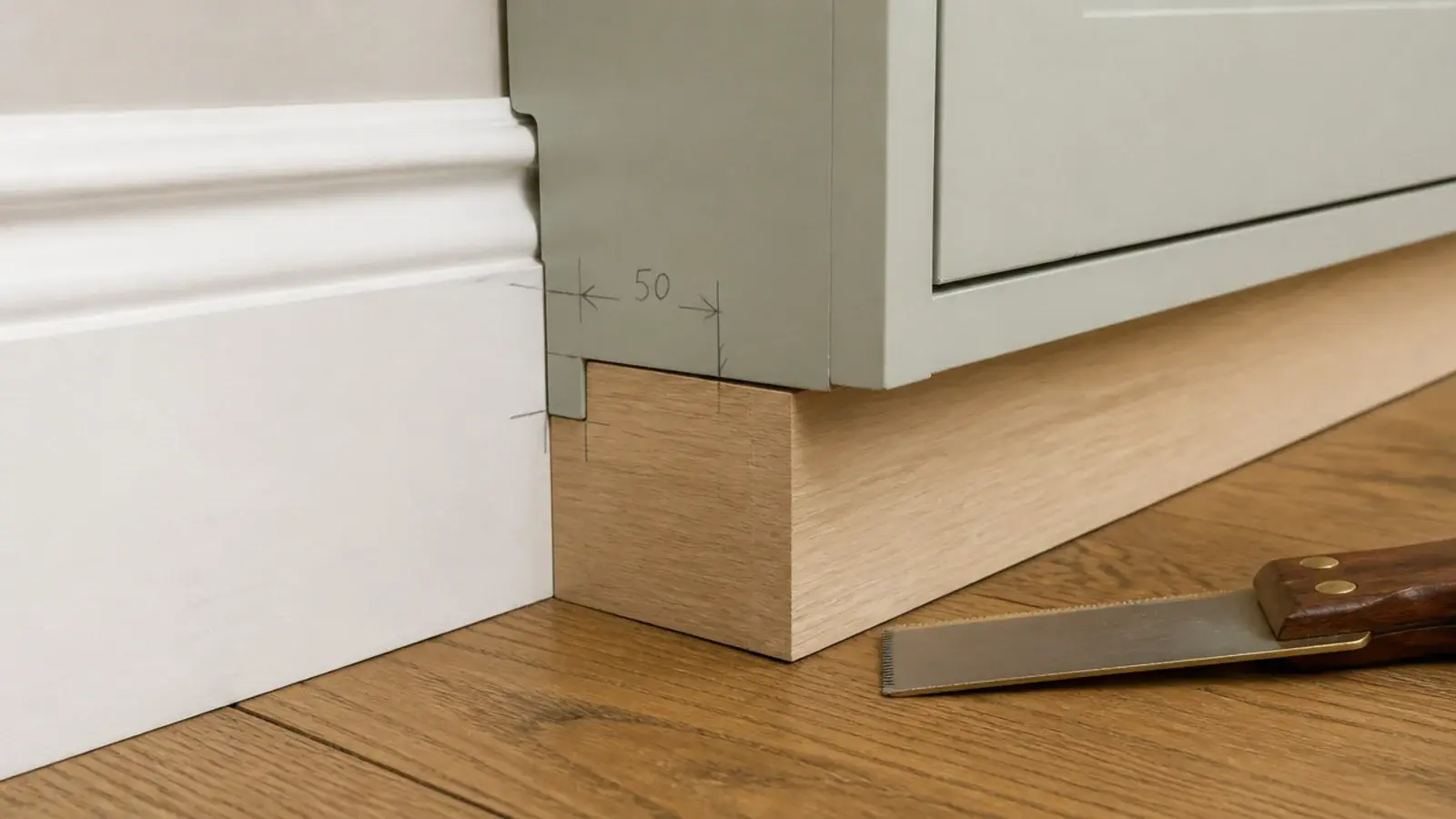 notched cabinet plinth cut to sit flush against a hallway baseboard
