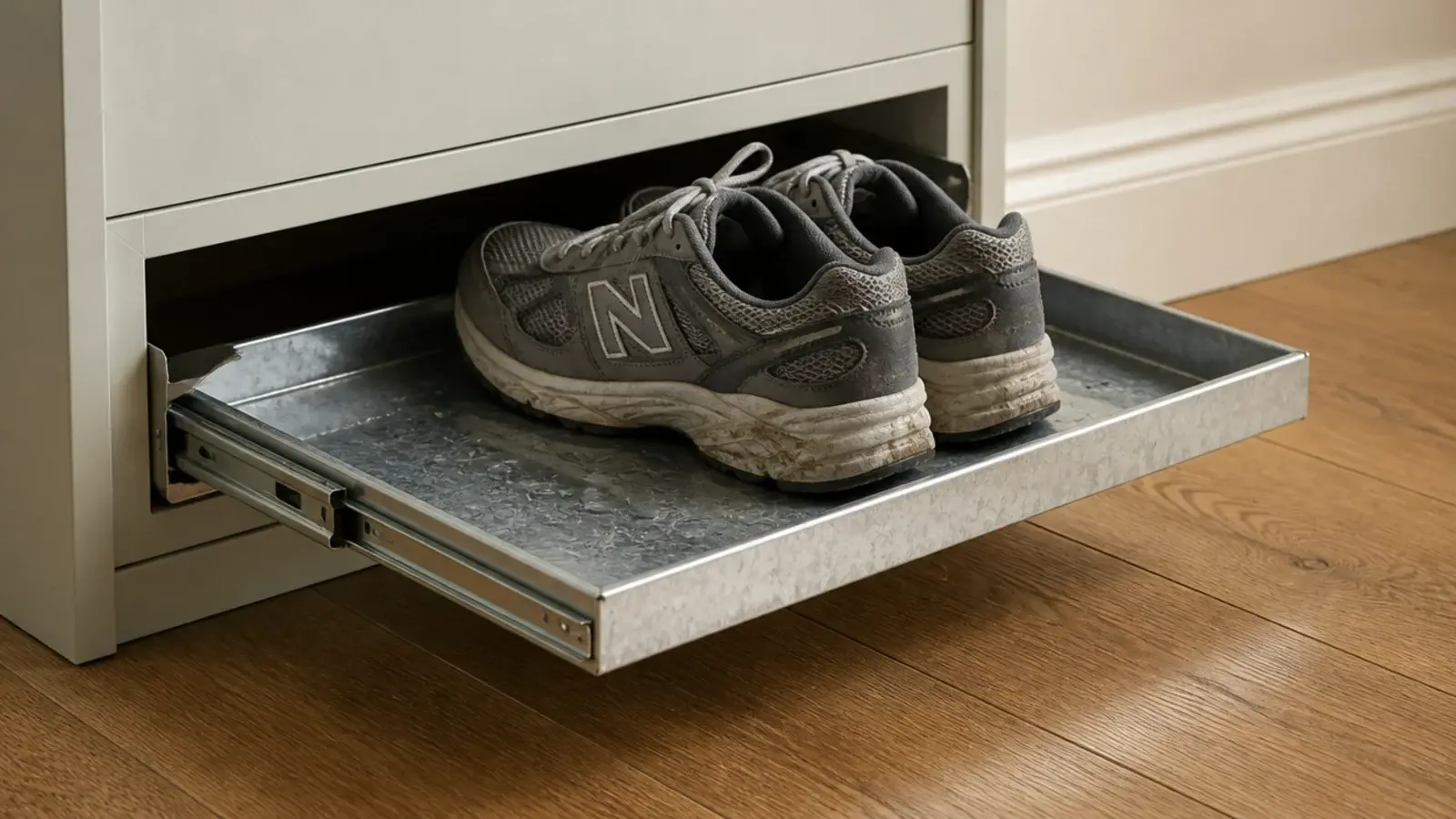shallow pull out metal tray under a slim shoe cabinet for damp shoes