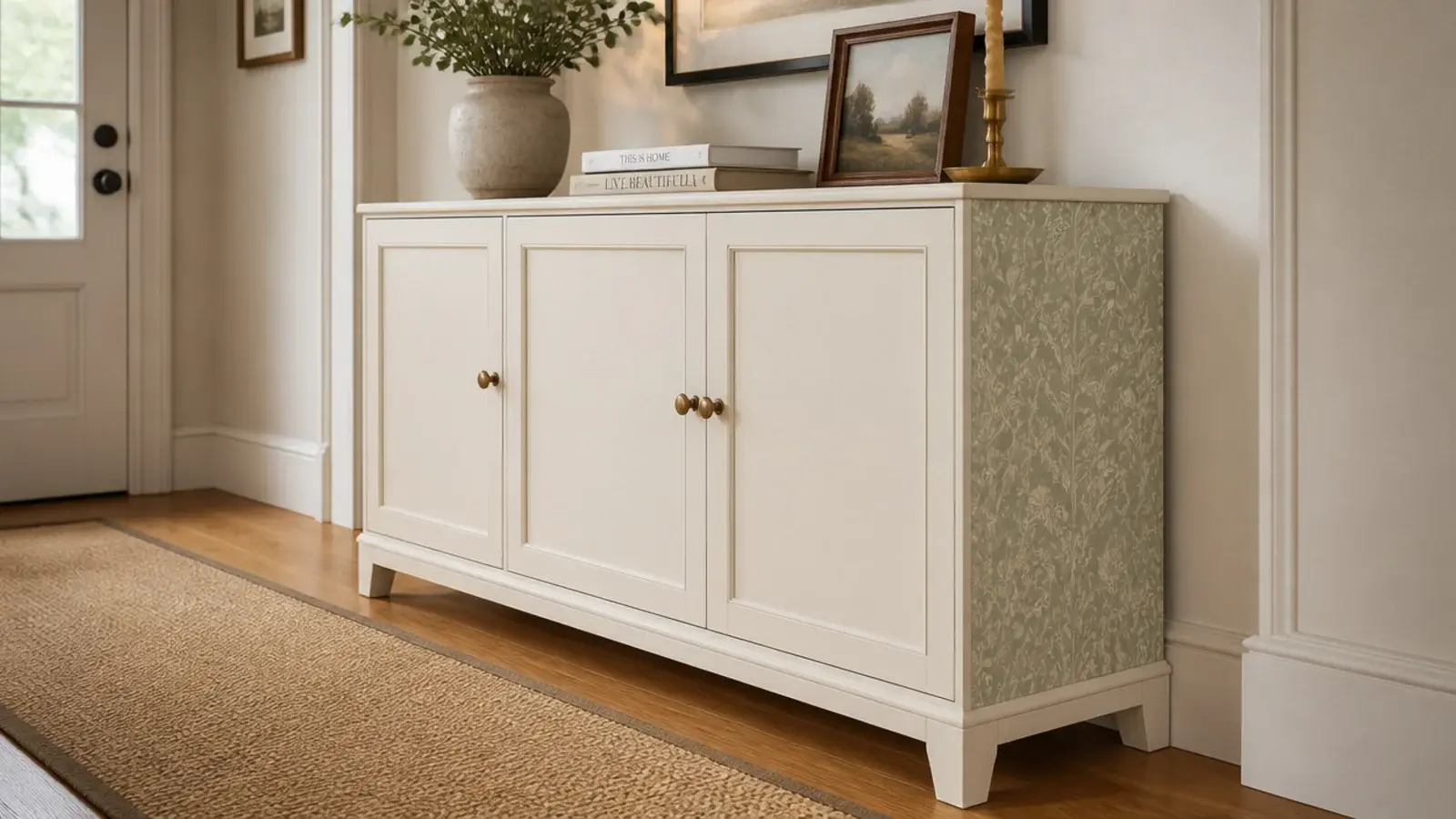 slim shoe cabinet with a painted front and patterned wallpapered side panel